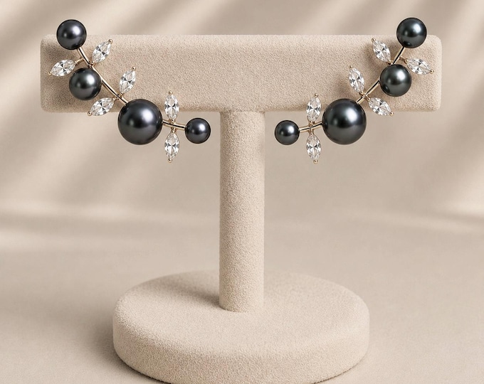 Tahitian Black Pearl Ear Climbers, Vine Design, 10K Gold Bridal Earrings