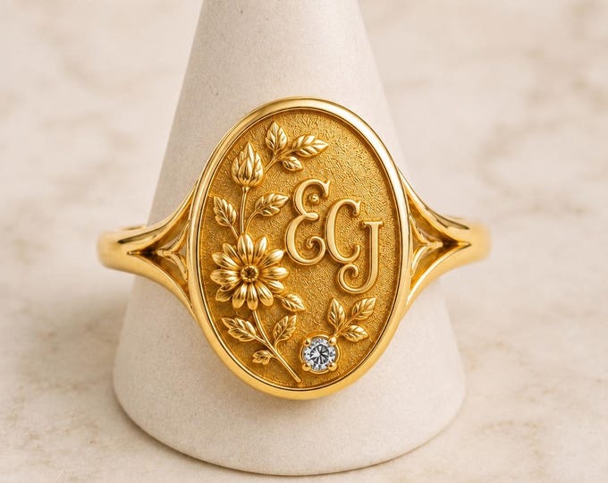 Personalized Oval Signet Ring, Monogram Birth Flower, 10K 14K Gold Diamond Accent