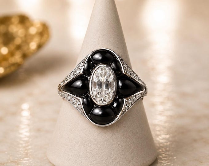 Art Deco Oval Lab Grown Diamond & Black Agate Engagement Ring
