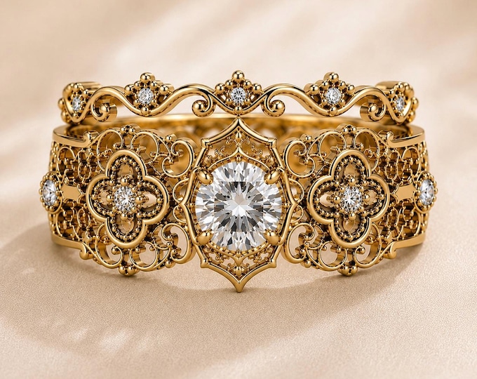 Gothic Quatrefoil Diamond Ring – Cathedral Inspired Gold Bridal Set