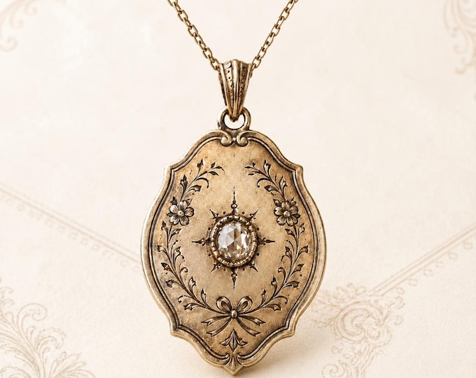 Victorian Inspired Engraved Diamond Pendant, 10K 14K Gold Heirloom Necklace
