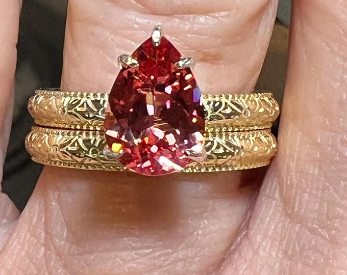 Pear Lab Grown Padparadscha Sapphire Ring: 14K Yellow Gold Plated French Toile Band