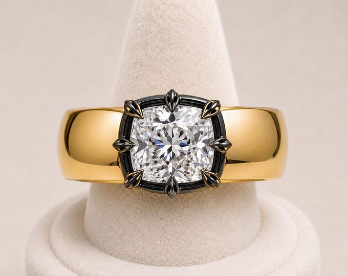 3CT Cushion Cut Lab Grown Diamond 7.5mm Cigar Band Ring with Blackened Rhodium Split-Petal Claws