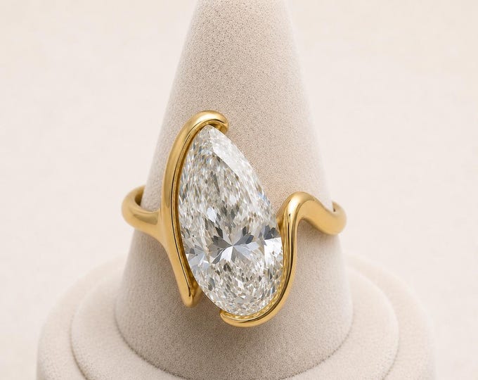 4 Carat Pear Lab Diamond Bypass Engagement Ring, F Color VVS2 Clarity, Modern Statement Ring