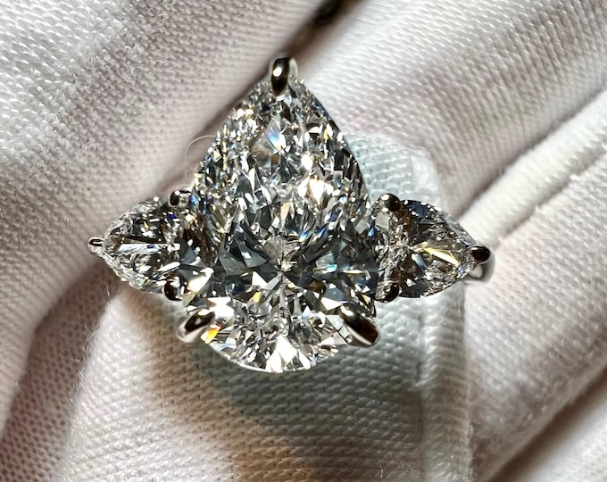 14K Yellow Gold 3CT Pear Lab Grown Diamond Three Stone Engagement Ring