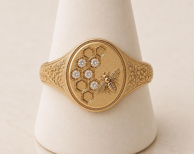 Gold Honeycomb Bee Signet Ring, Diamond Accent, Nature Inspired Heirloom