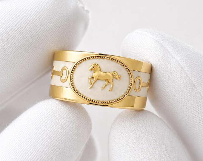 Gold Horse Ring, Cream Enamel Equestrian Signet Band, 8mm Statement Ring