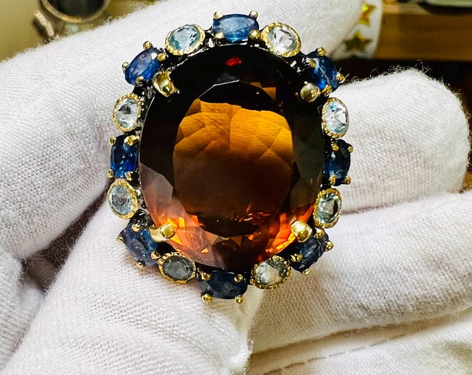 Natural Brazilian 25.4CT Oval Smoky Topaz Tanzanite & Aquamarine Halo Ring Size 7.5US