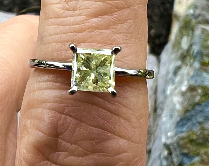 Earth Mined 1.01CT Princess Cut Fancy Vivid Yellow VVS1 Diamond Solitaire Ring Size 6.5