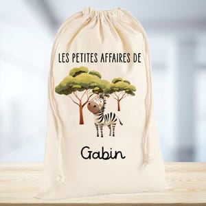 Sac à doudou / pochon / pochette avec lien personnalisé en coton zèbre savane