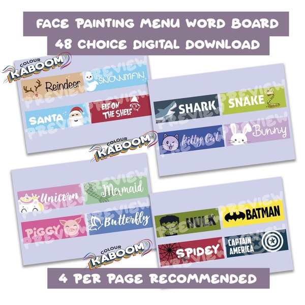 Face painter word board | 48 face painting choices | face painter menu | face painter essentials | face painter menu digital download