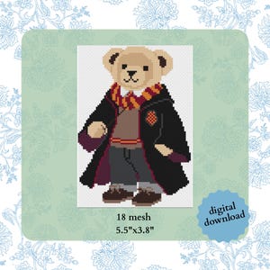 May include: A cross-stitch pattern of a tan teddy bear wearing a black robe, a red and yellow striped scarf, a tan jumper, and dark trousers. The bear holds a wand. Text reads 18 mesh and 5.5"x3.8" digital download.