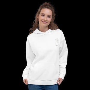 May include: White hooded sweatshirt with a small, white line drawing of a person holding a flower on the left chest.