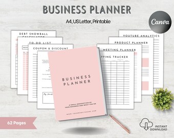 Könnte beinhalten: Ein rosa Business-Planer mit dem Text "BUSINESS PLANNER" auf dem Cover. Der Planer enthält Seiten für To-Do-Listen, Meeting-Planer, Coupon- und Rabattverfolgung und vieles mehr. Der Planer steht zum sofortigen Download bereit.