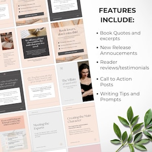 May include: A selection of digital marketing materials in pink and white. The materials feature text and images, with the words "FEATURES INCLUDE:" and bullet points detailing features such as book quotes, new release announcements, and writing tips.