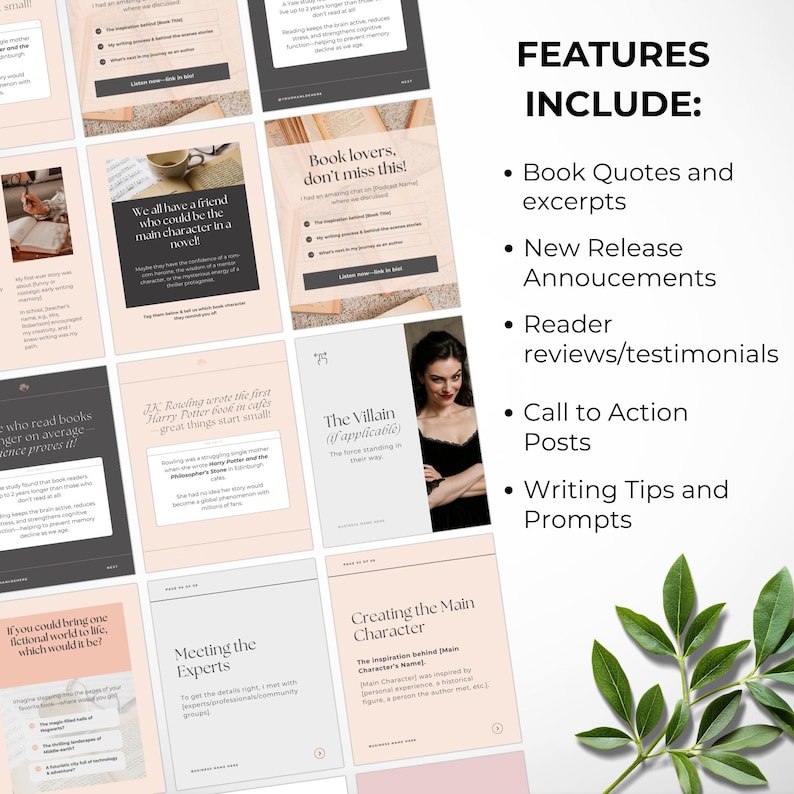 May include: A selection of digital marketing materials in pink and white. The materials feature text and images, with the words "FEATURES INCLUDE:" and bullet points detailing features such as book quotes, new release announcements, and writing tips.