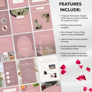 May include: A digital marketing graphic with a pink and white color scheme. The graphic includes text and images related to romance novels, writing tips, and author insights. Features include popular romance tropes, fun games, and giveaways.