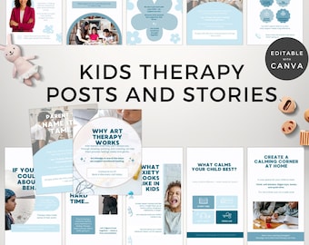 May include: A collection of Instagram posts and stories templates for kids' therapy, featuring a soft color palette. The design includes text such as "Meet the Therapist," "Parenting is Hard," and "Why Art Therapy Works." The phrase "Editable with Canva" is also visible.