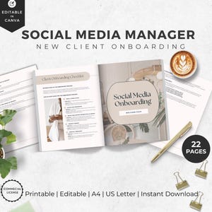 Può includere: Un elenco di controllo di onboarding per i gestori dei social media, stampabile, con 22 pagine. L'elenco di controllo è progettato per i nuovi clienti e include un pacchetto di benvenuto. Il documento è modificabile ed è disponibile nei formati A4 e US Letter.