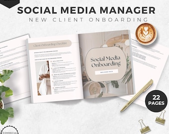May include: A printable social media manager onboarding checklist with 22 pages. The checklist is designed for new clients and includes a welcome pack. The document is editable and available in A4 and US Letter sizes.