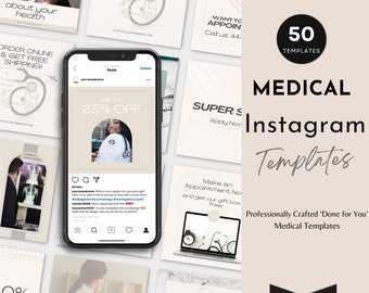 May include: A set of 50 editable Instagram templates for medical professionals. The templates feature a variety of designs, including a doctor's stethoscope, a medical chart, and a clock. The text "MEDICAL Instagram Templates" is displayed in a large font at the top of the image. The text "Professionally Crafted 'Done for You' Medical Templates" is displayed below the main title. The text "EDITABLE WITH CANVA" is displayed at the bottom of the image.