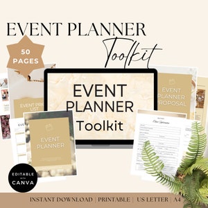 May include: A digital product mockup featuring a laptop screen displaying the text "EVENT PLANNER Toolkit". The laptop is surrounded by various printable event planning documents, including a proposal, price list, and checklist. The documents are decorated with a gold star, fern leaves, and a marble background. The text "Editable with Canva" and "Instant Download | Printable | US Letter | A4" is also included.