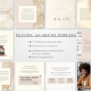 May include: A pink and white graphic with the text "Includes - 44 Carousel Templates" and a list of features: 7 Different Carousel Sets, Educate your Audience, Professionally Crafted 'Done for You' content, Boost engagement.