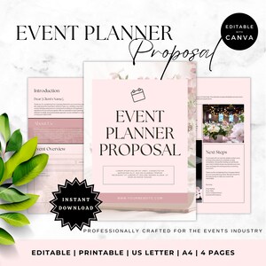 May include: A pink and white event planner proposal template with a floral design. The text "EVENT PLANNER PROPOSAL" is in black text on a pink background. The template is editable with Canva and includes four pages.