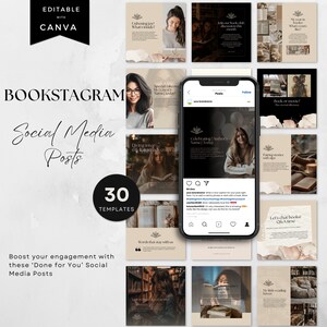 May include: A collection of 30 social media post templates for bookstagram. The templates feature a variety of designs with a neutral color palette of beige, brown, and white. The templates include text such as "Book or movie? The eternal dilemma", "Words that stay with us", and "Let's chat books! Q&A time".