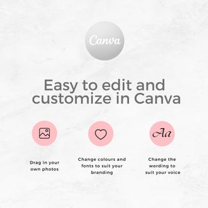 Pode incluir: Um gr&aacute;fico que mostra como personalizar um design no Canva. O gr&aacute;fico apresenta tr&ecirc;s c&iacute;rculos rosa com &iacute;cones: uma foto, um cora&ccedil;&atilde;o e uma letra 'A'. O texto abaixo dos &iacute;cones diz: "Arraste suas pr&oacute;prias fotos", "Altere as cores e as fontes para combinar com sua marca", e "Altere a reda&ccedil;&atilde;o para combinar com sua voz".