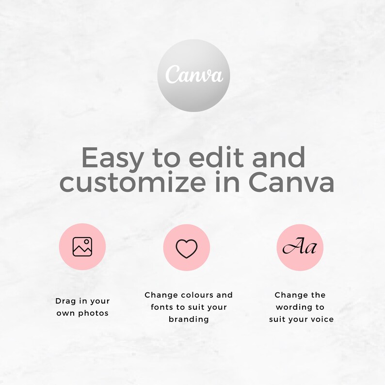 Pode incluir: Um gr&aacute;fico que mostra como personalizar um design no Canva. O gr&aacute;fico apresenta tr&ecirc;s c&iacute;rculos rosa com &iacute;cones: uma foto, um cora&ccedil;&atilde;o e uma letra 'A'. O texto abaixo dos &iacute;cones diz: "Arraste suas pr&oacute;prias fotos", "Altere as cores e as fontes para combinar com sua marca", e "Altere a reda&ccedil;&atilde;o para combinar com sua voz".