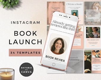 以下が含まれることがあります： Instagramの書籍発売テンプレート。画像には、書籍のレビューが表示された携帯電話と、他のテンプレートが表示されています。「Already getting reviews like this!」と「34 Templates」というテキストが含まれています。左下には火のついたキャンドルがあります。