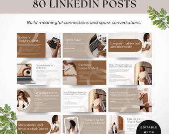 Puede incluir: Una plantilla de marketing digital con 80 diseños de publicaciones de LinkedIn. Las plantillas presentan una paleta de colores neutros con tonos marrones y beige. El texto incluye frases como "Industry Insights Alert" y "Exciting Launch Alert". Editable con Canva.