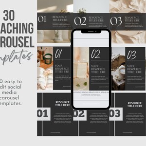 Könnte beinhalten: Ein Satz von 30 Social-Media-Karussellvorlagen für Coaches. Die Vorlagen zeichnen sich durch ein minimalistisches Design mit schwarzem und weißem Text auf grauem Hintergrund aus. Die Vorlagen sind von 1 bis 30 nummeriert und enthalten den Text "Ressourcen-Titel hier" und "Ihr Ressourcen-Titel hier".