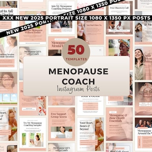 May include: A collection of 50 Menopause Coach Instagram post templates. The templates feature a soft pink and white color scheme with images of women and text such as "Menopause Q&A with a Coach" and "Your Heart, Bones & Beyond."