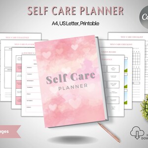 Puede incluir: Un planificador de autocuidado con un diseño de acuarela rosa y blanco con corazones en la portada. El planificador incluye un desafío de autocuidado de 30 días, listas de verificación de autocuidado y un tablero de visión. El texto "Self Care Planner" está impreso en la portada.