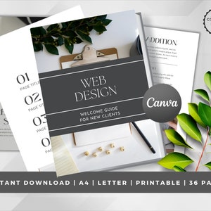 Pode incluir: Um guia de boas-vindas para novos clientes para serviços de design de sites. O guia é intitulado "Web Design" e apresenta um fundo cinza com texto branco. O guia tem 36 páginas e está disponível para download instantâneo nos tamanhos A4 e Letter. O guia é imprimível.