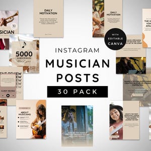 May include: A collection of 30 Instagram post templates for musicians. The templates feature a variety of designs, including quotes, tips, and questions. The templates are editable in Canva.