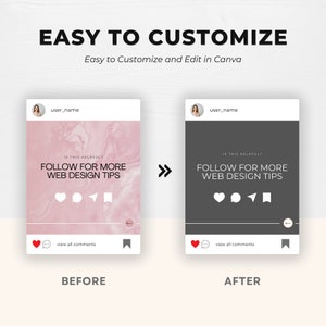 May include: Before and after images of an Instagram post. The before image has a pink marble background with the text "IS THIS HELPFUL? FOLLOW FOR MORE WEB DESIGN TIPS". The after image has a dark gray background with the same text in white.