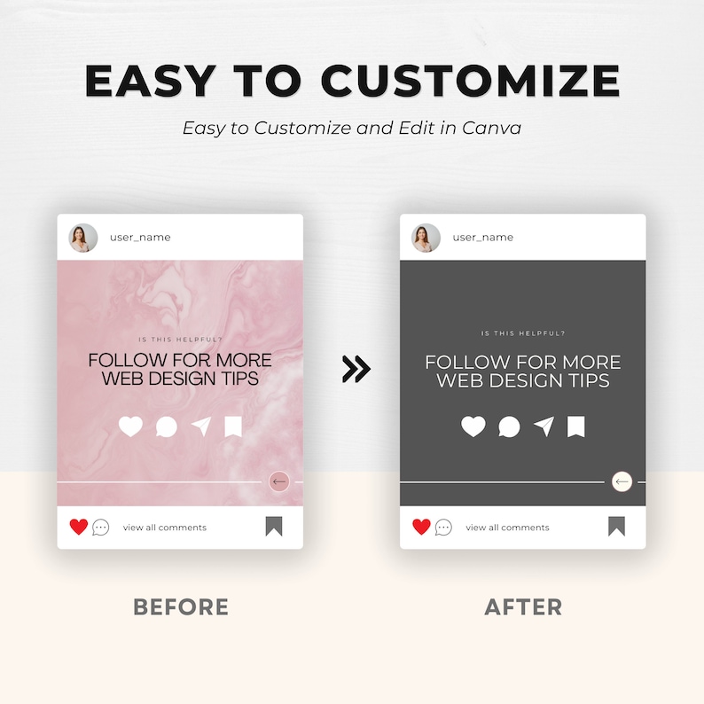 May include: Before and after images of an Instagram post. The before image has a pink marble background with the text "IS THIS HELPFUL? FOLLOW FOR MORE WEB DESIGN TIPS". The after image has a dark gray background with the same text in white.