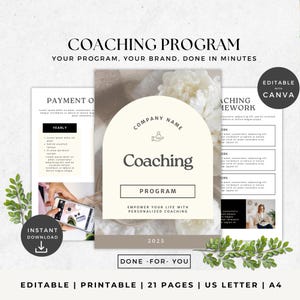 Może przedstawiać: Cyfrowy szablon programu coachingowego z tekstem "Coaching Program" i "Empower your life with personalized coaching". Projekt zawiera edytowalne szablony Canva, natychmiastowe pobieranie i jest drukowany w formatach US Letter i A4.