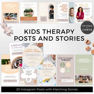 Può includere: Una collezione di 20 post e storie di Instagram abbinati, incentrati sulla terapia per bambini. I post presentano testo e immagini che affrontano argomenti come l'ansia, la terapia del gioco e la creazione di un ambiente rilassante. Design con colori pastello.