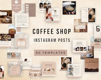 May include: A collection of 50 Instagram post templates for a coffee shop. The templates feature a variety of designs, including images of coffee, coffee beans, and coffee cups. The templates are editable in Canva and include text such as "Best Sellers", "Special Promo", "50% Off", "Grand Opening", "We Are Hiring", "Coffee Enlightenment", and "Today's Brew Sponsored by Coffee".