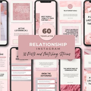 Może przedstawiać: Szablon marketingu cyfrowego w kolorze różowym i białym dla Instagrama z tekstem "Relationship Instagram 30 Posts and Matching Stories" i "60 Templates".