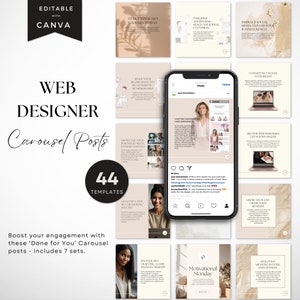 Op de afbeelding: Een set van 44 webdesigner carrouselpost-sjablonen voor sociale media. De sjablonen bevatten een verscheidenheid aan ontwerpen met een neutrale kleurenpalet en tekst die tips voor webdesigners bevat, zoals "Begin vandaag nog aan je SEO-reis", "Bouw je merkidentiteit", "Toon je portfolio", "Analyse en SEO", "Groei je lijst, groei je bedrijf", "On-page SEO", "Motivational Monday", en "Analyse meet succes en optimaliseert".