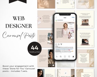 May include: A set of 44 web designer carousel post templates for social media. The templates feature a variety of designs with a neutral colour palette and text that includes tips for web designers, such as "Start your SEO journey today", "Build your brand identity", "Showcase your portfolio", "Analytics and SEO", "Grow your list, grow your business", "On page SEO", "Motivational Monday", and "Analytics measure success and optimise".