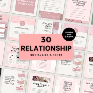 Könnte beinhalten: Eine rosa und weiße Grafikdesign-Vorlage mit dem Text "30 Beziehung Social Media Posts" in einem großen rosa Kreis. Die Vorlage enthält Bilder von Blumen, Herzen und Text über Beziehungen.