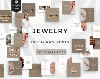 May include: A collection of jewelry-themed Instagram post templates. The design features a neutral color palette with images of rings, necklaces, and other jewelry items. Text includes phrases like "Jewelry Essentials" and "Dazzle in Diamonds."