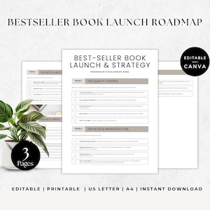 Op de afbeelding: Een witte en grijze boeklancering roadmap met de tekst "BESTSELLER BOOK LAUNCH ROADMAP" bovenaan. Het document bevat secties voor kwaliteitscontrole en setup. De afbeelding bevat ook een plant in een witte pot.