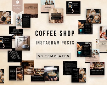 May include: A collection of 50 Instagram post templates for a coffee shop. The templates feature various designs with coffee-related themes, including coffee beans, cups of coffee, and text about coffee. The templates are editable in Canva.